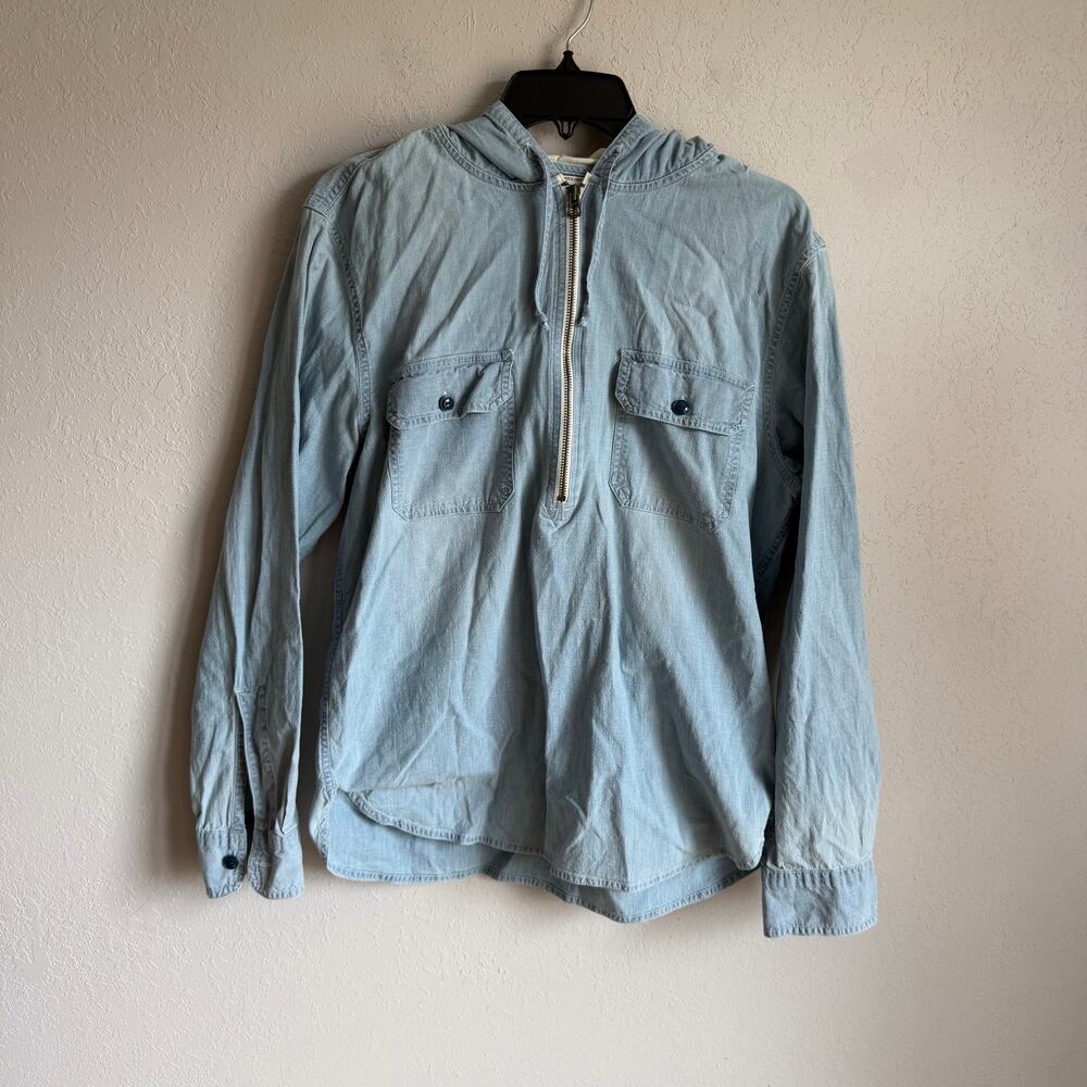 J.Crew Light Blue Organic Cotton Blend Hooded Chambray Anorak Half Zip Womens M
